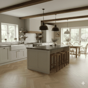 Apollo Sheet Vinyl – Boathouse Herringbone in a kitchen