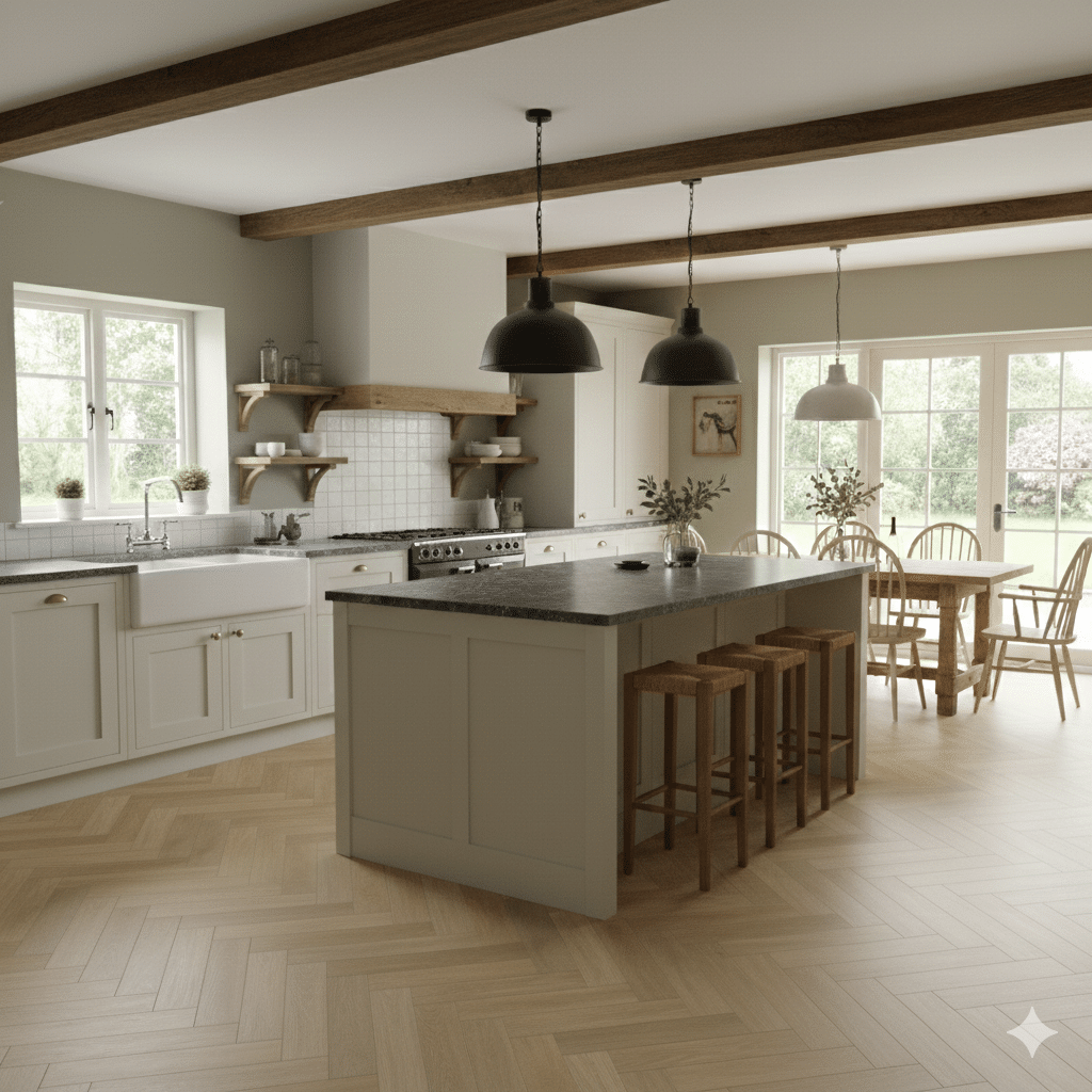 Apollo Sheet Vinyl – Boathouse Herringbone in a kitchen