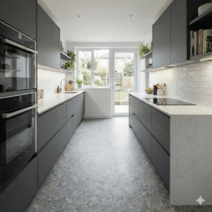 Apollo Sheet Vinyl – Crushed Concrete in a kitchen