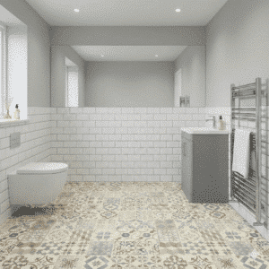Apollo Sheet Vinyl – Geometrix Pastel in a bathroom