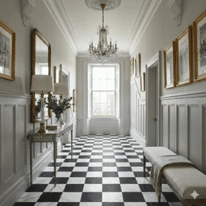 Apollo Sheet Vinyl – Verona Marble in a hallway