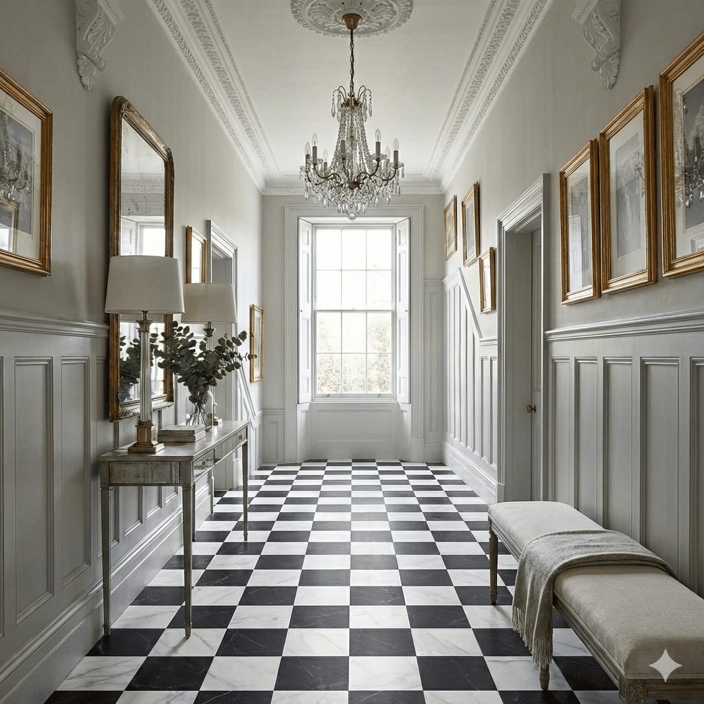 Apollo Sheet Vinyl – Verona Marble in a hallway