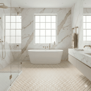 Arianna Sheet Vinyl – Circlo Beige in a bathroom