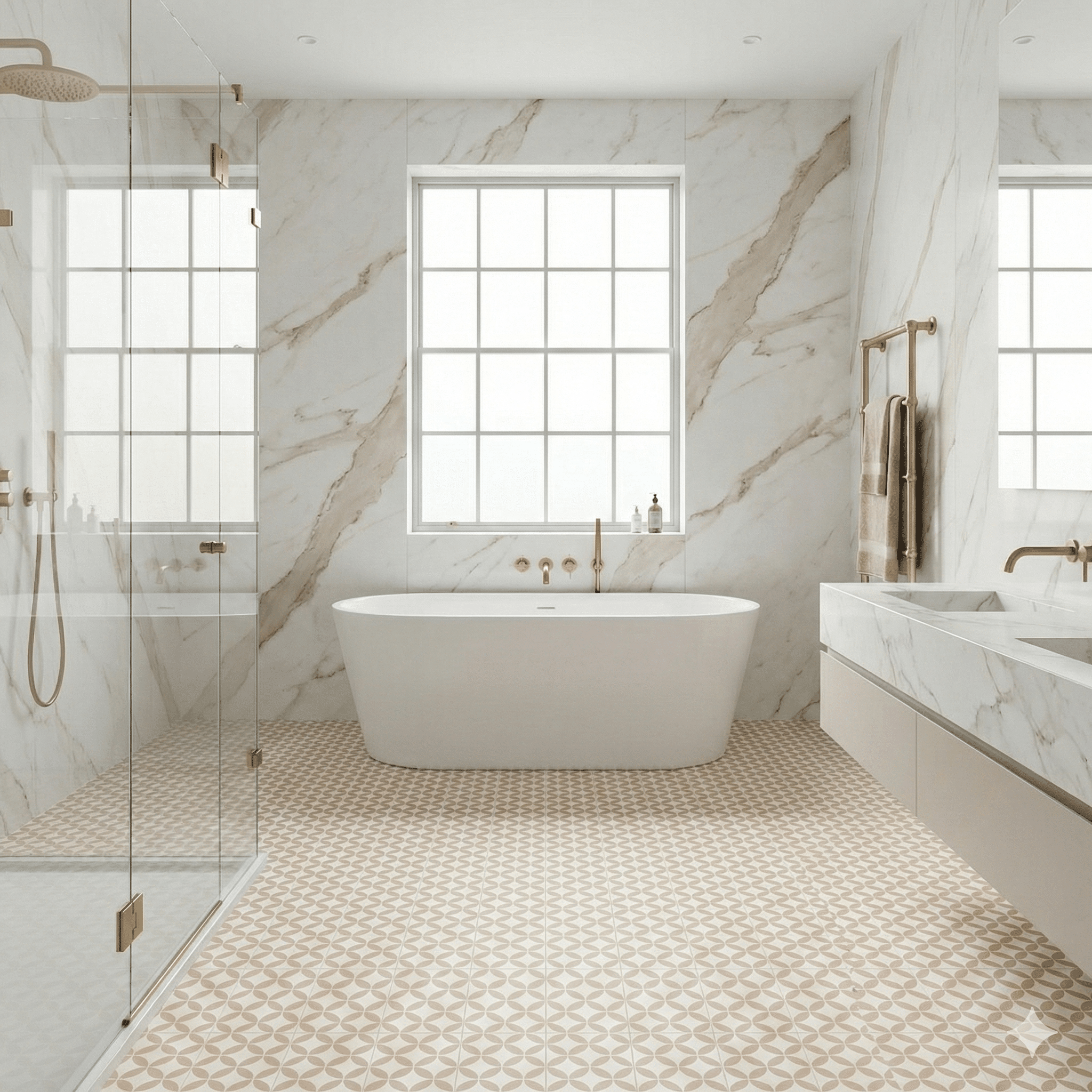 Arianna Sheet Vinyl – Circlo Beige in a bathroom