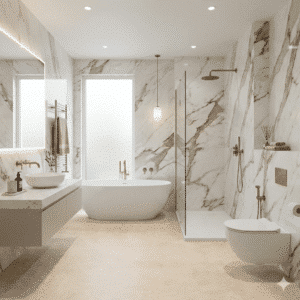 Arianna Sheet Vinyl – Marble Beige in a bathroom