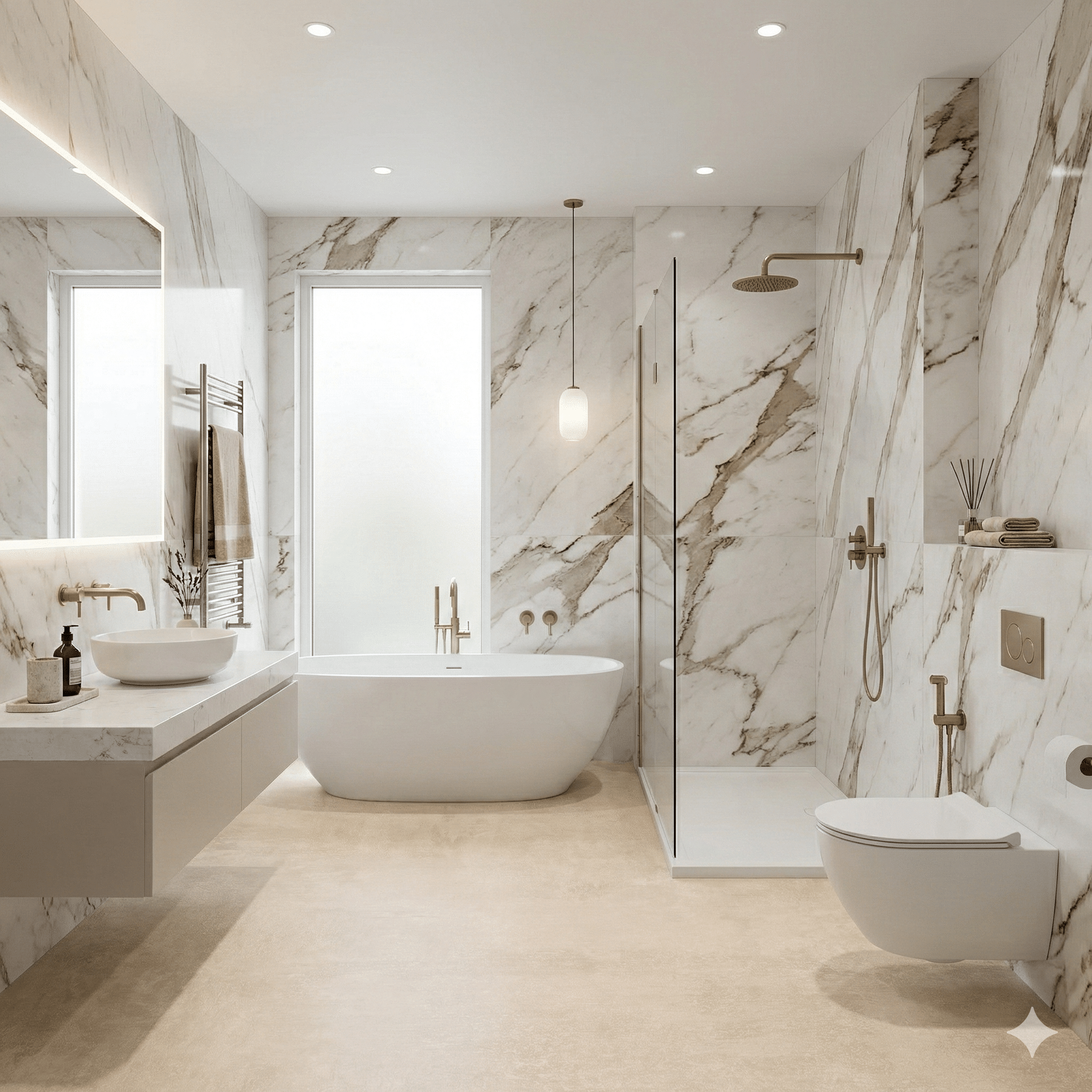 Arianna Sheet Vinyl – Marble Beige in a bathroom