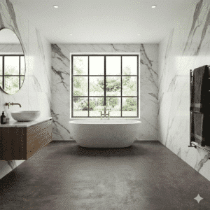 Arianna Sheet Vinyl – Marble Dark in a bathroom
