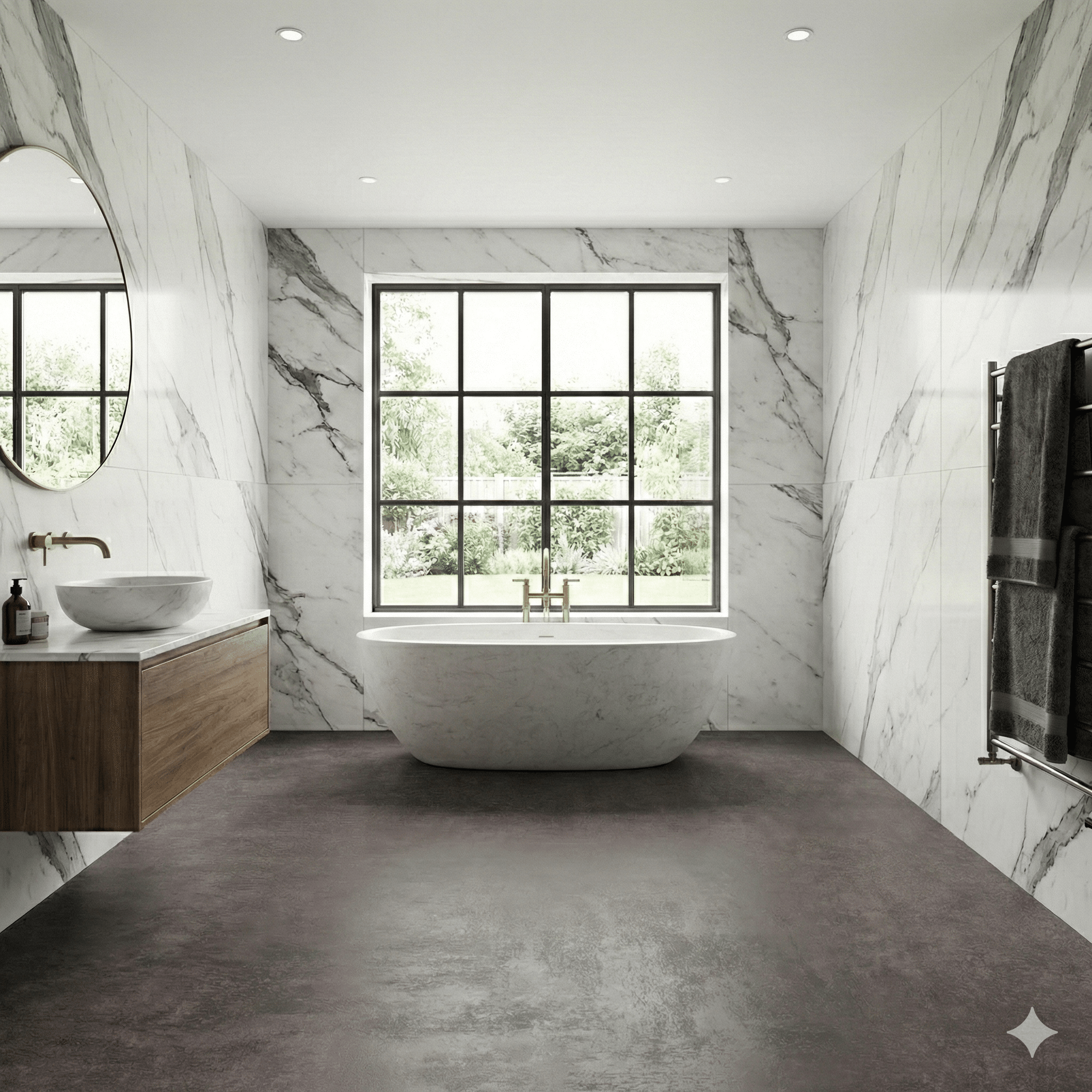Arianna Sheet Vinyl – Marble Dark in a bathroom