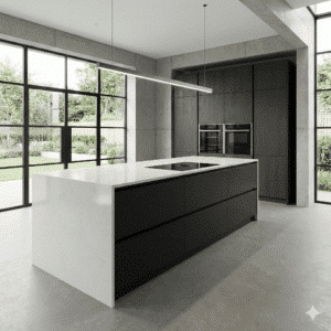 Arianna Sheet Vinyl – Polished Concrete in a kitchen