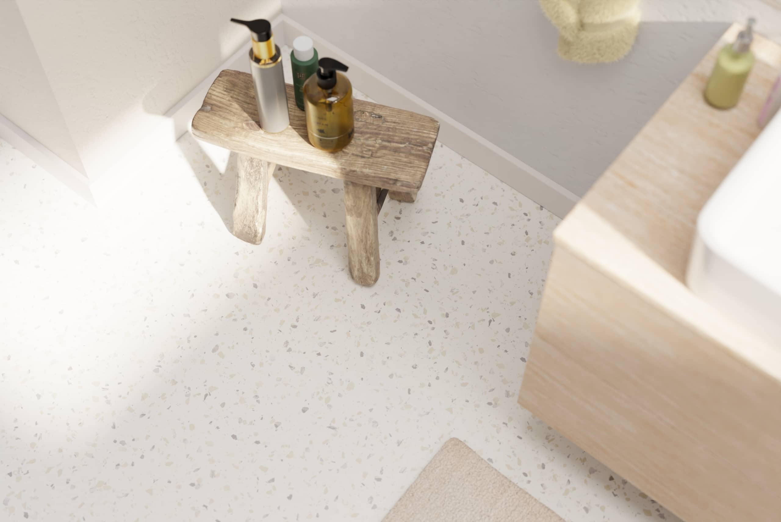 Arianna Sheet Vinyl – Terrazzo Milan in a bathroom