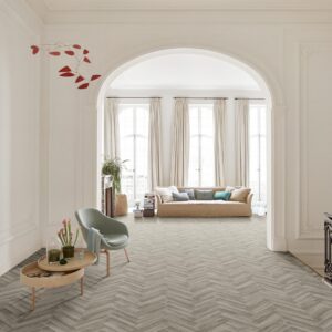 Juno Sheet Vinyl – Grey Herringbone in a living room
