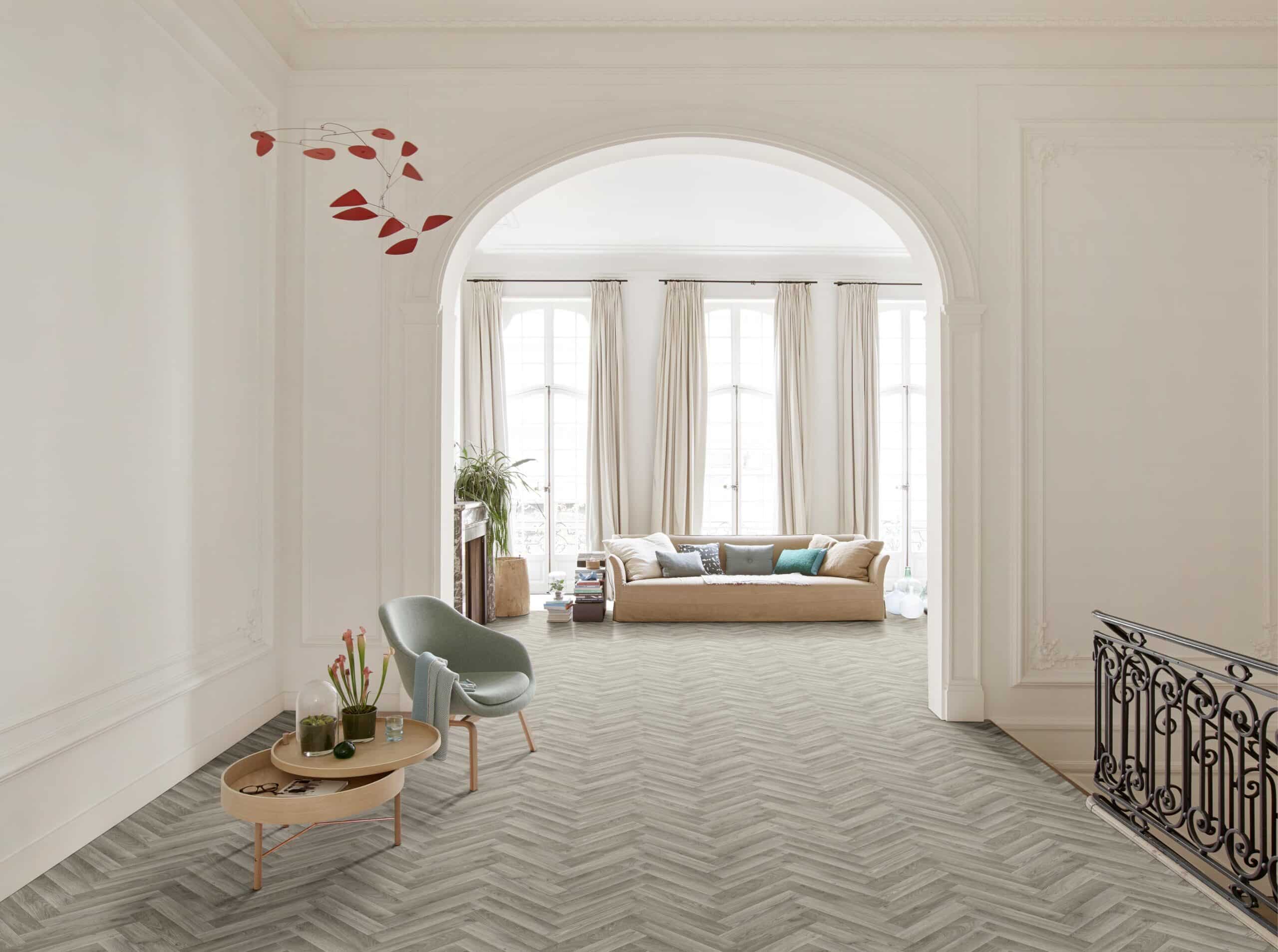 Juno Sheet Vinyl – Grey Herringbone in a living room