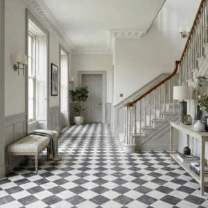 Juno Sheet Vinyl – Regal Marble in a hallway
