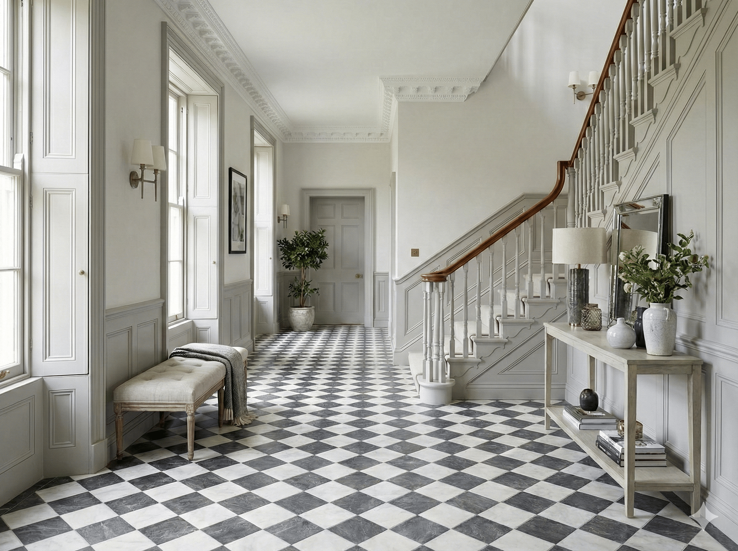 Juno Sheet Vinyl – Regal Marble in a hallway