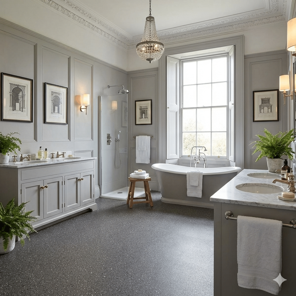 Juno Sheet Vinyl VenetianTerazzo 1 in a bathroom