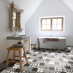 Kefi Sheet Vinyl – Art Deco Grey in a bathroom