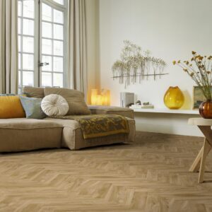 Kefi Sheet Vinyl – Elm Herringbone in a living room
