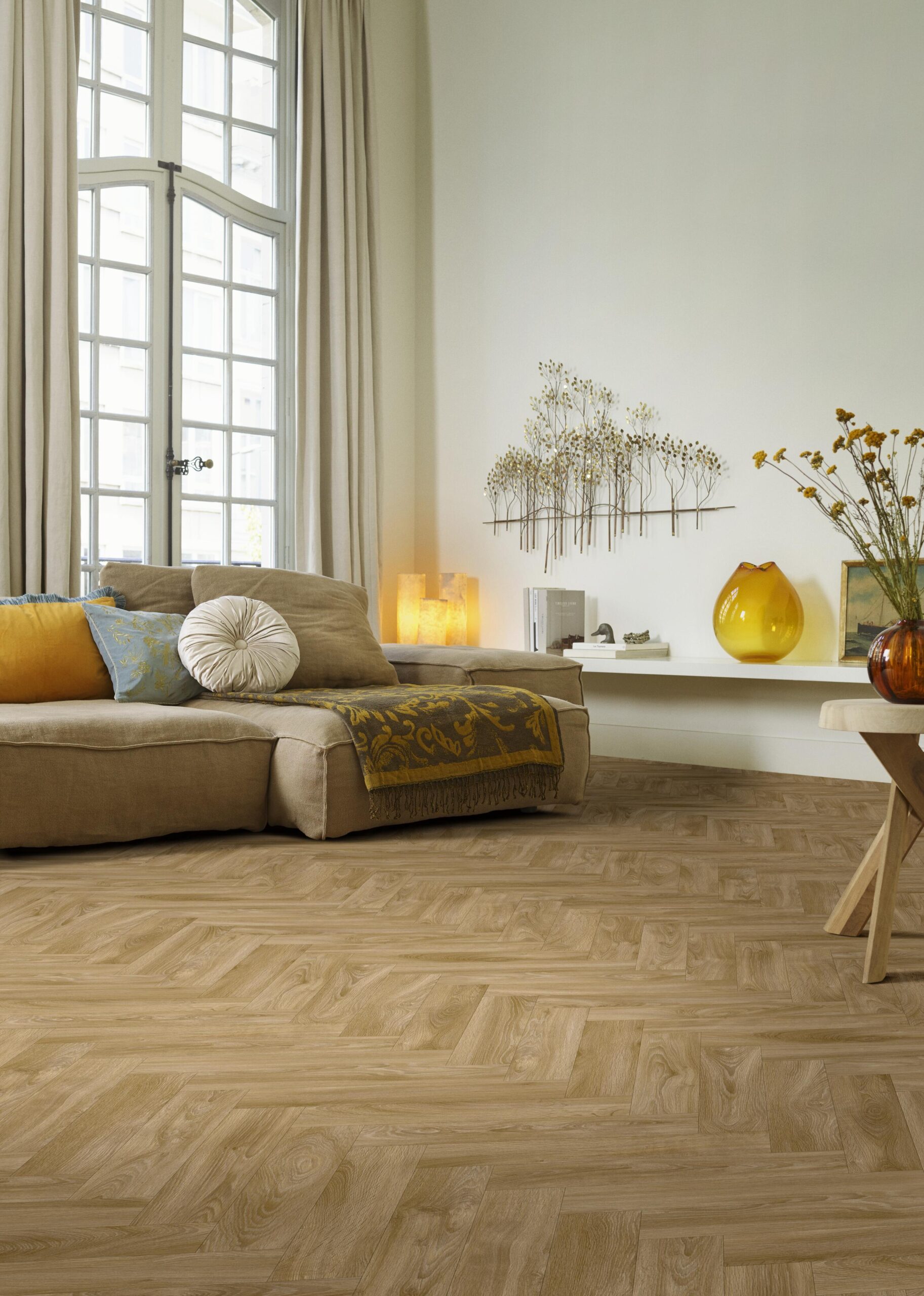 Kefi Sheet Vinyl – Elm Herringbone in a living room