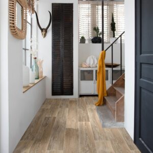 Kefi Sheet Vinyl – Smoked Oak in a hallway