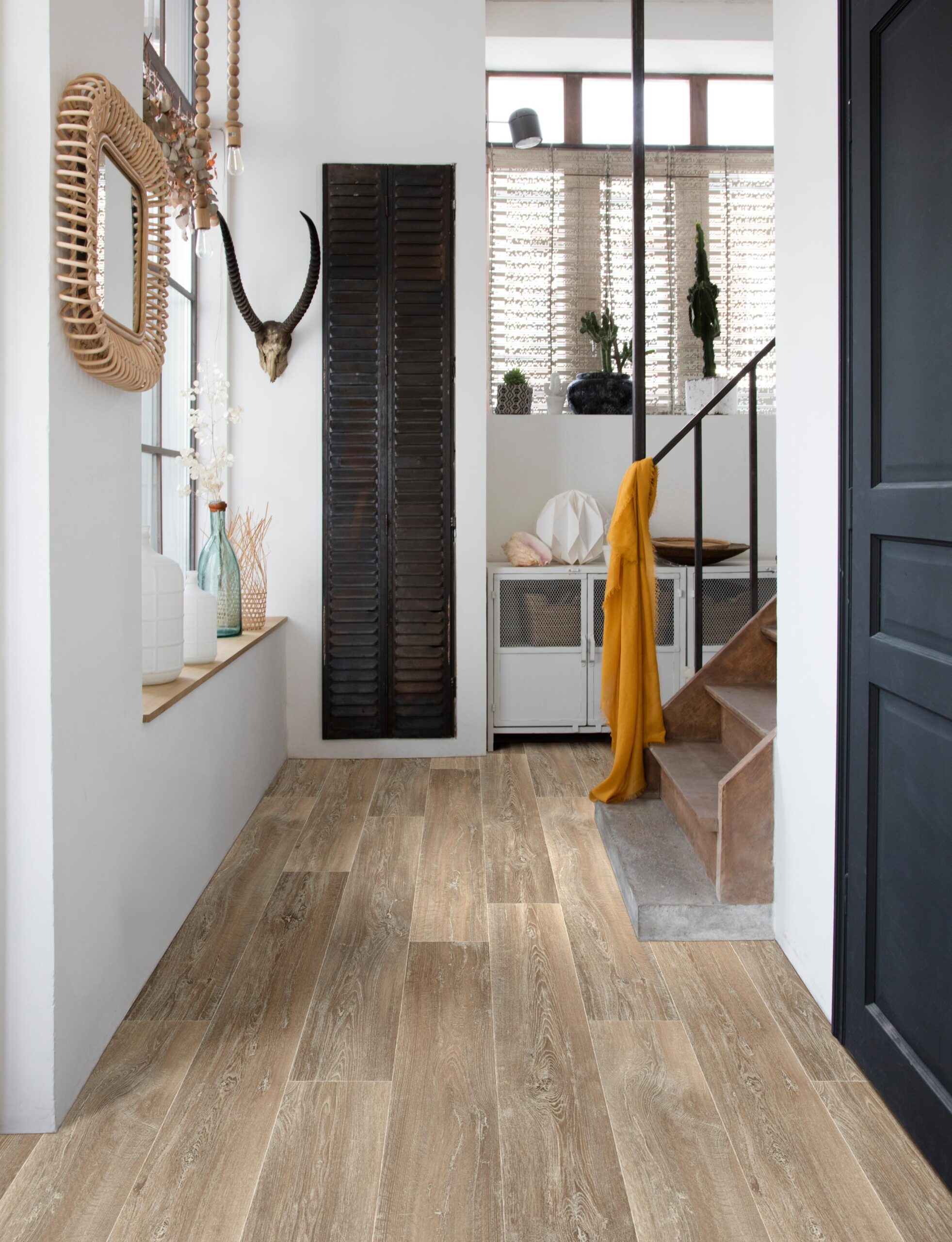 Kefi Sheet Vinyl – Smoked Oak in a hallway