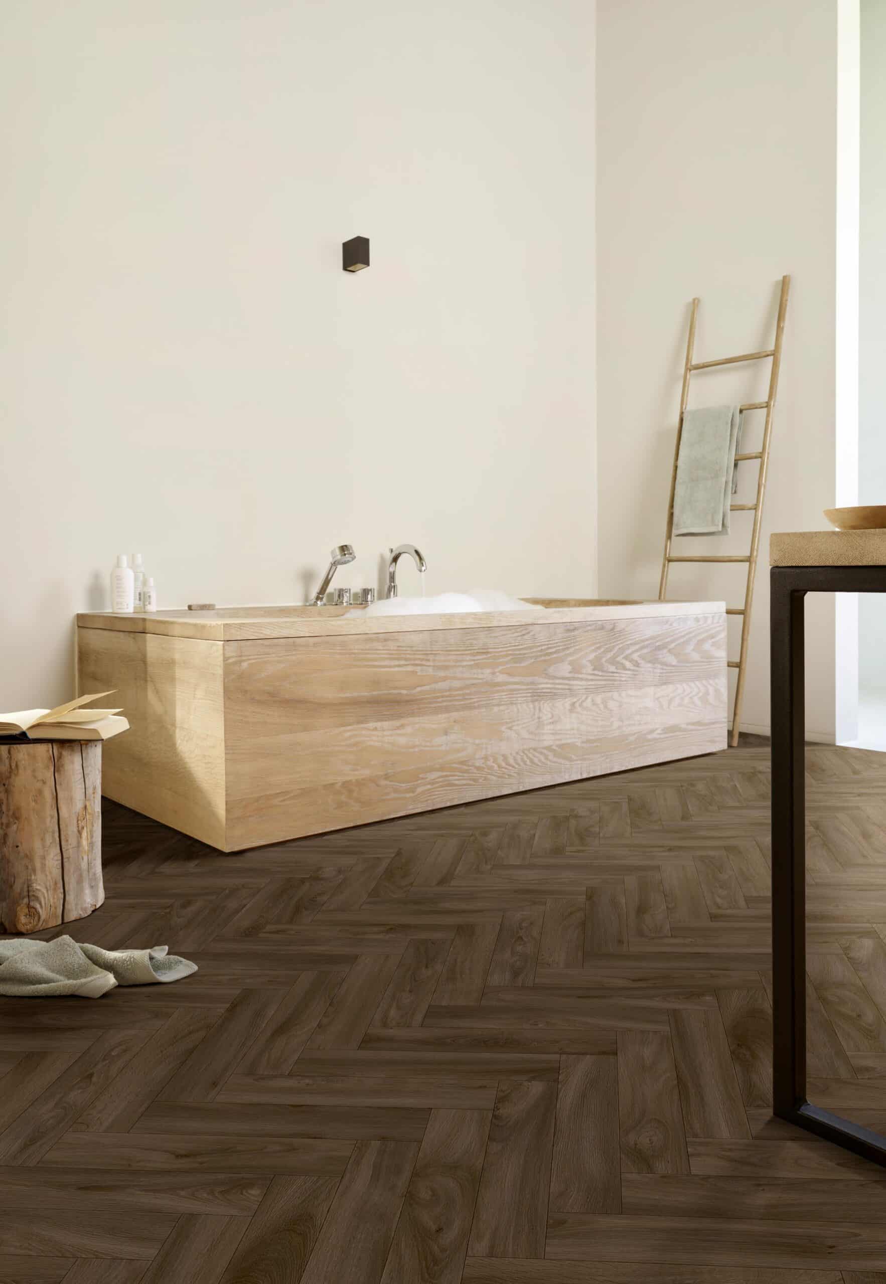 Kefi Sheet Vinyl – Walnut Herringbone in a bathroom