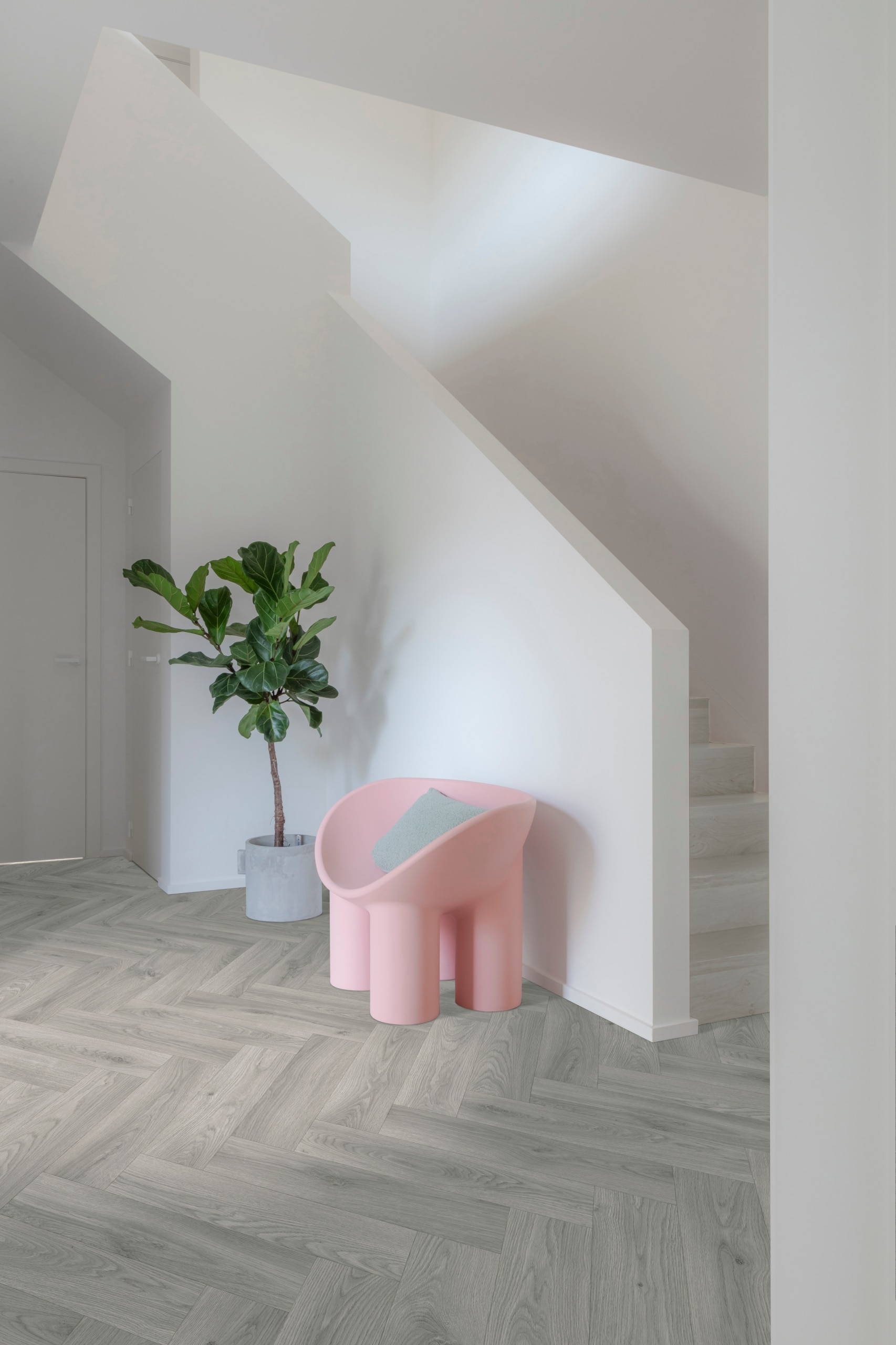 Nectar Sheet Vinyl – Swiss Herringbone in a hallway