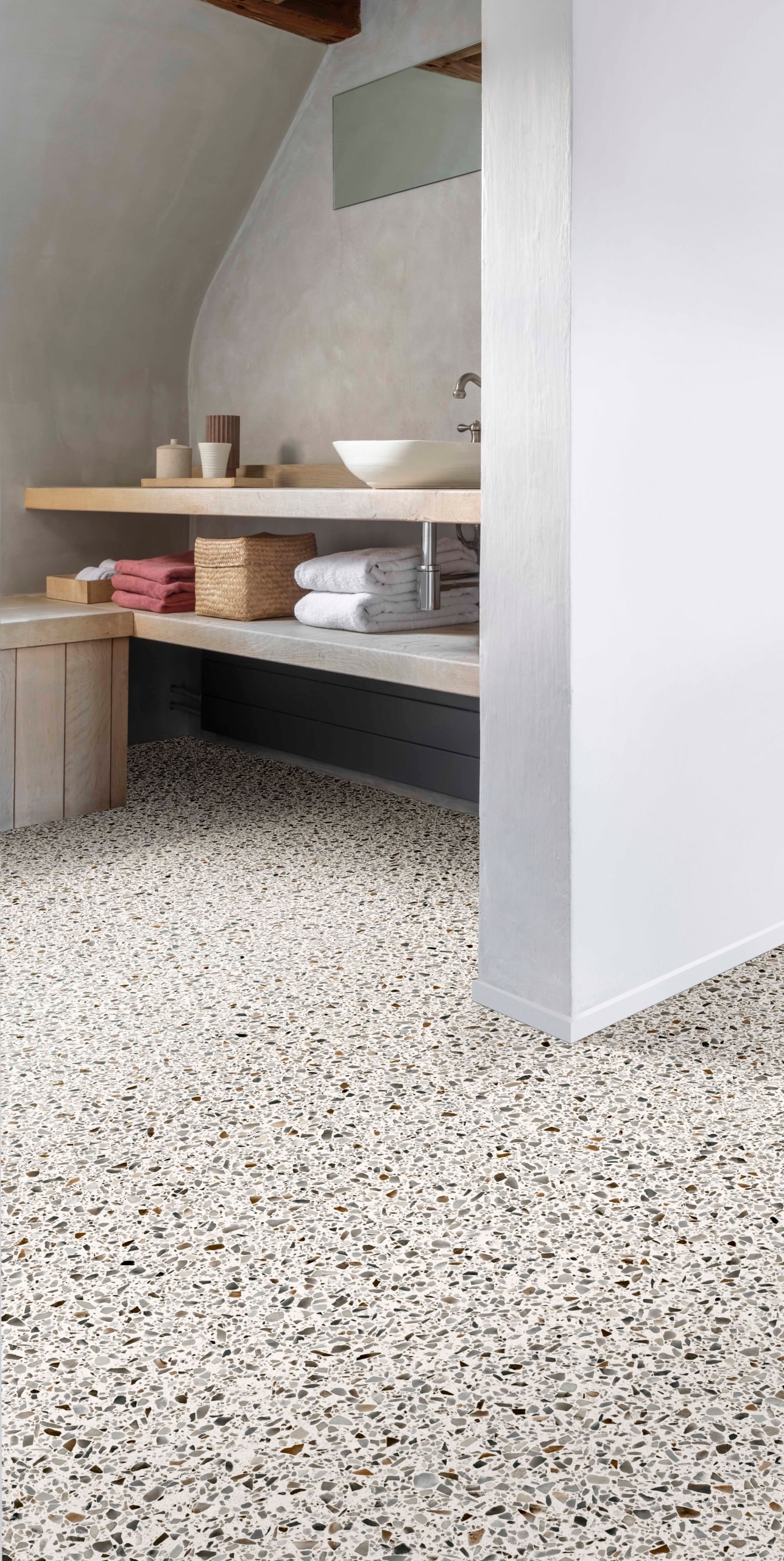 Nectar Sheet Vinyl – Terrazzo Italia in a bathroom