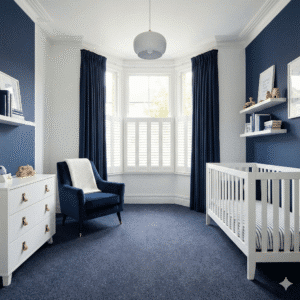 Abundance Carpet – Blue in a bedroom
