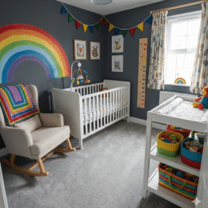 Abundance Mist Carpet in a bedroom