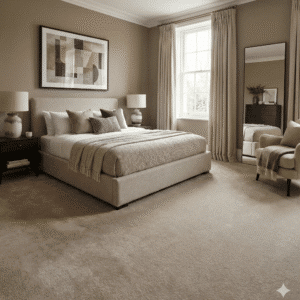 Abundance Mocha Carpet in a bedroom