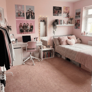 Abundance Carpet – Pink in a bedroom