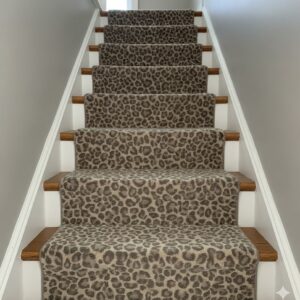 Animal Deluxe Carpet – Leopard Print Greige in a stairs