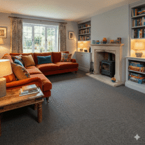 Farmhouse Wool Carpet Donkey in a living room