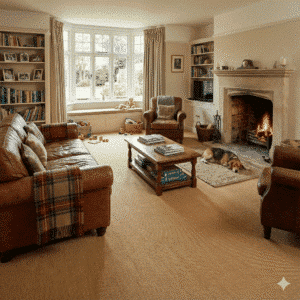 Farmhouse Wool Carpet Hen in a living room