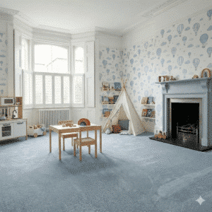 Glamorous Carpet – Azure in a bedroom