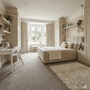 Haven Latte Carpet in a bedroom