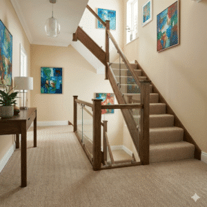 Lifestyle Herringbone Carpet – Fawn in a stairs