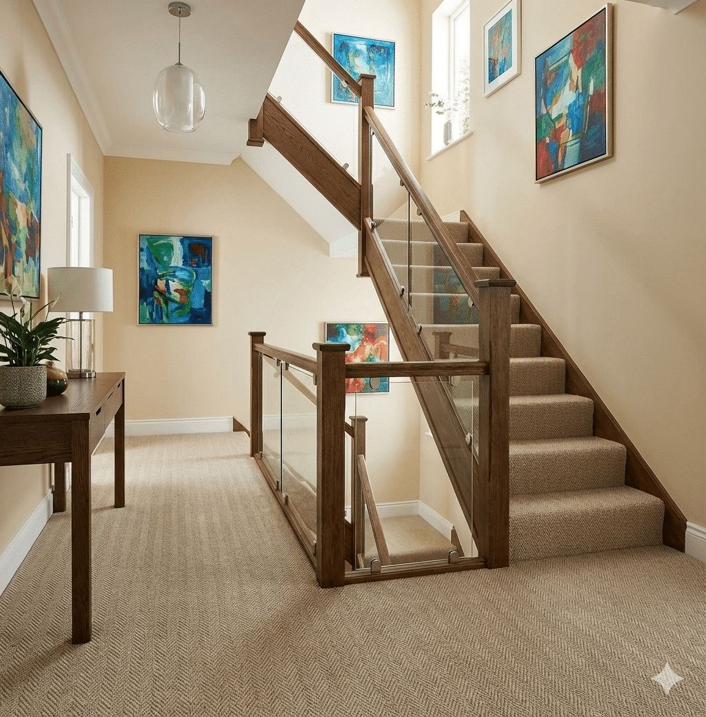 Lifestyle Herringbone Carpet – Fawn in a stairs