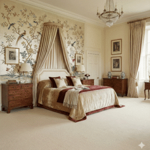 Ultimo Parchment Carpet in a bedroom